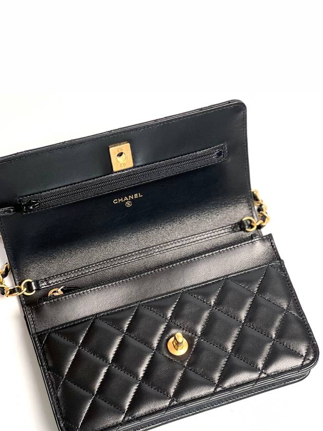 Wallet On Chain Crossbody Bag Lambskin Gold Black Chanel