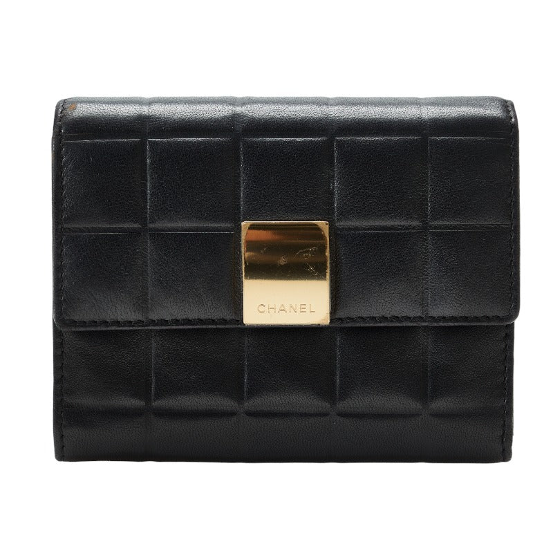 Chanel Chocolate Bar Three Folded Wallet Black Leather