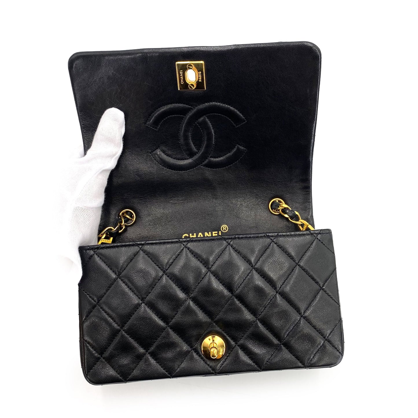 CHANEL VINTAGE MINI FULL FLAP CHAIN SHOULDER BAG BLACK LAMB SKIN 90241291