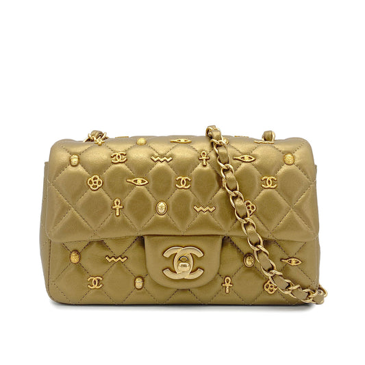 CHANEL MINI MATELASSE EGYPT CHARM CHAIN SHOULDER BAG GOLD LAMB SKIN 90266135