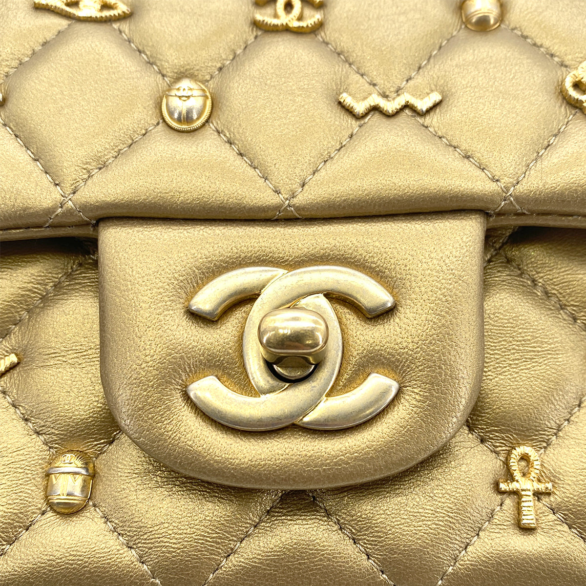 CHANEL MINI MATELASSE EGYPT CHARM CHAIN SHOULDER BAG GOLD LAMB SKIN 90266135