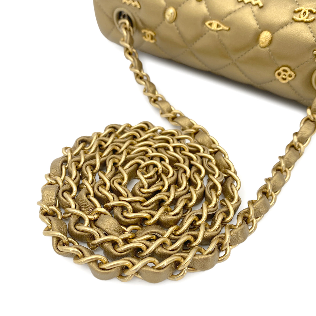 CHANEL MINI MATELASSE EGYPT CHARM CHAIN SHOULDER BAG GOLD LAMB SKIN 90266135