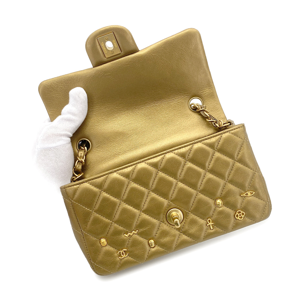 CHANEL MINI MATELASSE EGYPT CHARM CHAIN SHOULDER BAG GOLD LAMB SKIN 90266135