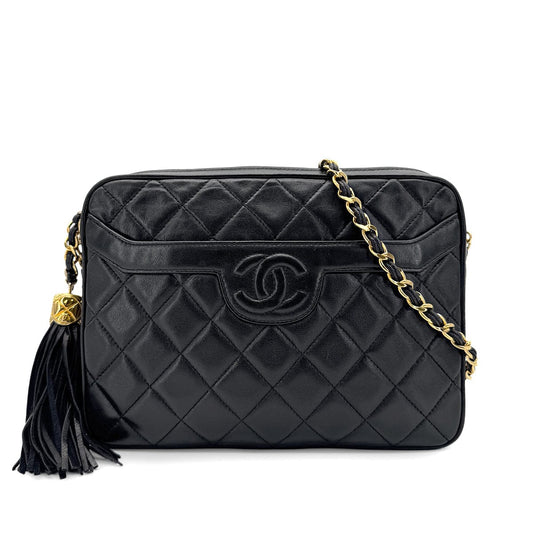 CHANEL VINTAGE MATELASSE FRINGE SHOULDER BAG BLACK LAMB SKIN 90268310