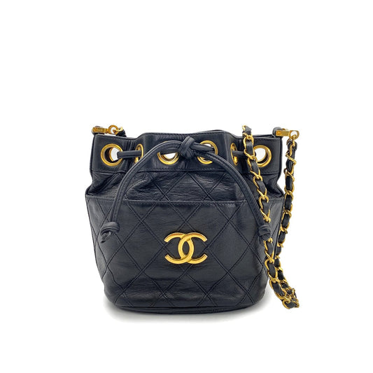 CHANEL VINTAGE  DRAWSTRING CHAIN SHOULDER BAG BLACK LAMB SKIN 90269268