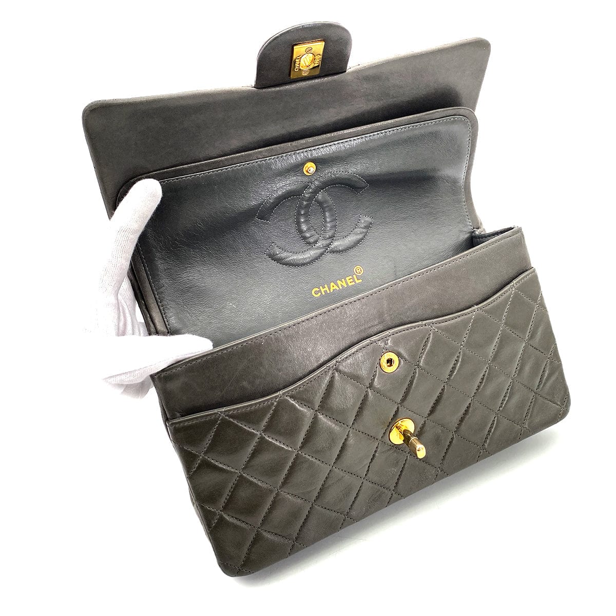 CHANEL VINTAGE CLASSIC FLAP MEDIUM CHAIN SHOULDER BAG GRAY LAMB SKIN 90270801