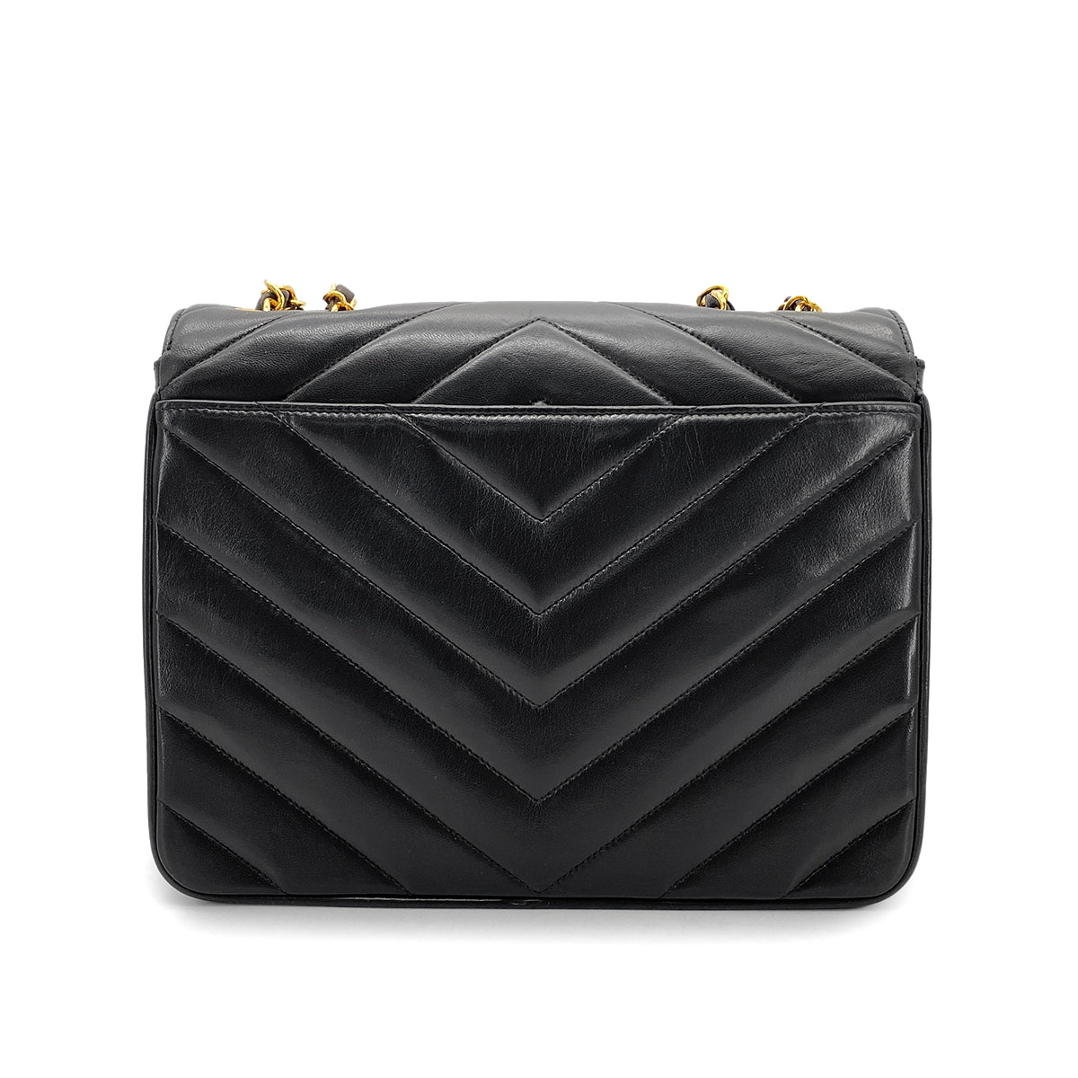 CHANEL VINTAGE CHEVRON CHAIN SHOULDER BAG BLACK LAMB SKIN 90272504