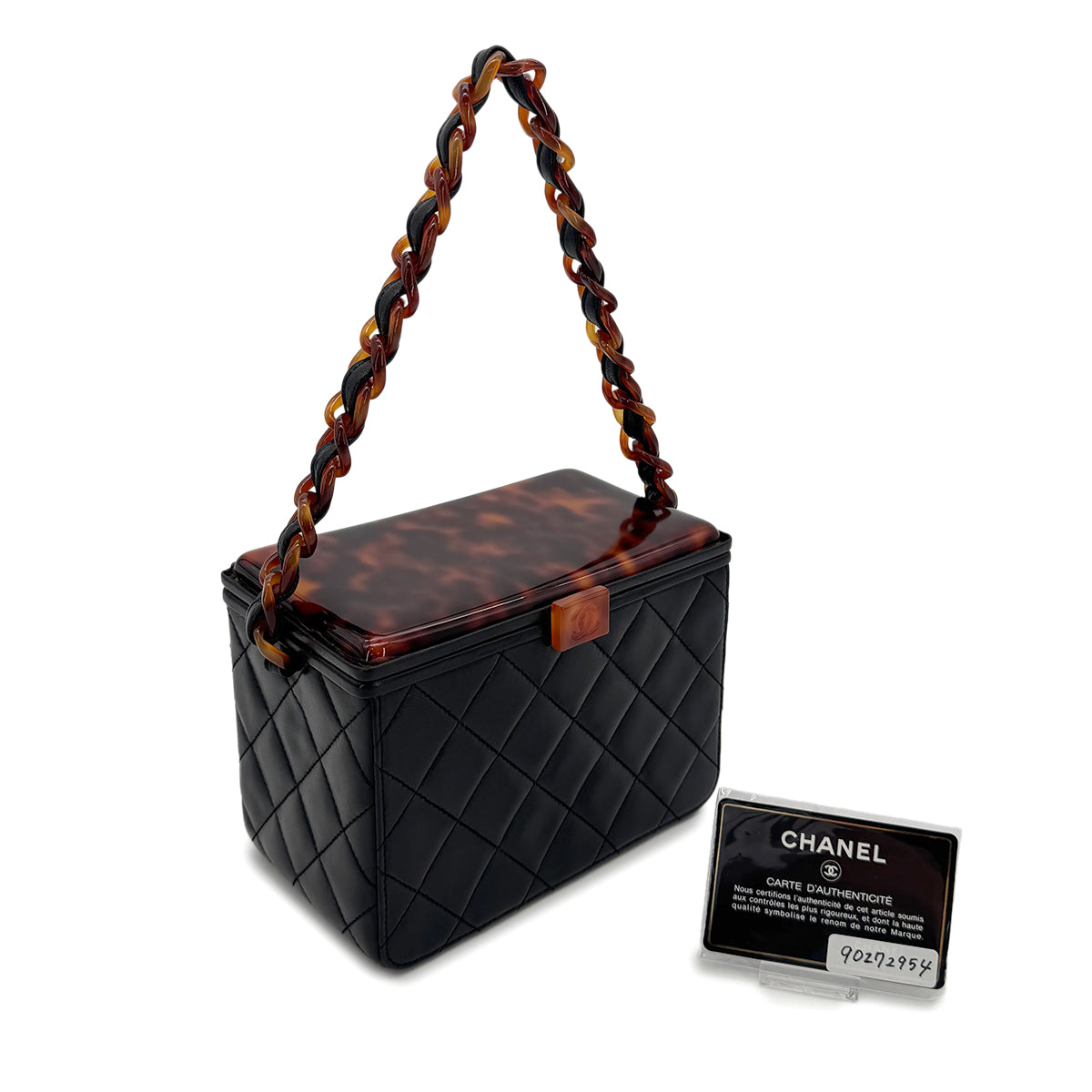 CHANEL VINTAGE VANITY CHAIN SHOULDER BAG BLACK TORTOISESHELL LAMB SKIN 90272954