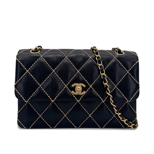 CHANEL VINTAGE MATELASSE WILD STITCH CHAIN SHOULDER BAG BLACK LEATHER 90273897