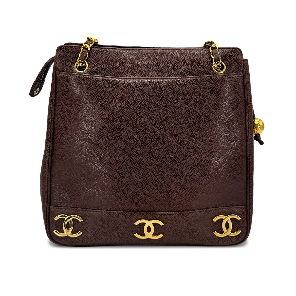 CHANEL VINTAGE TRIPLE COCO CHAIN TOTE BAG BROWN CAVIAR SKIN 90274859