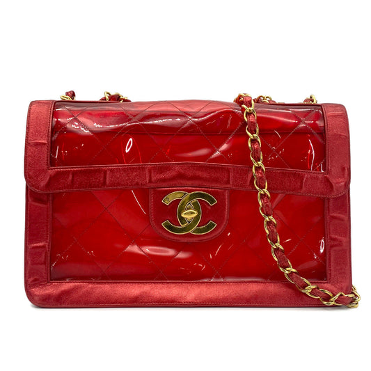 CHANEL VINTAGE BIG COCO CLEAR CHAIN SHOULDER BAG RED VINYL LEATHER 90277070