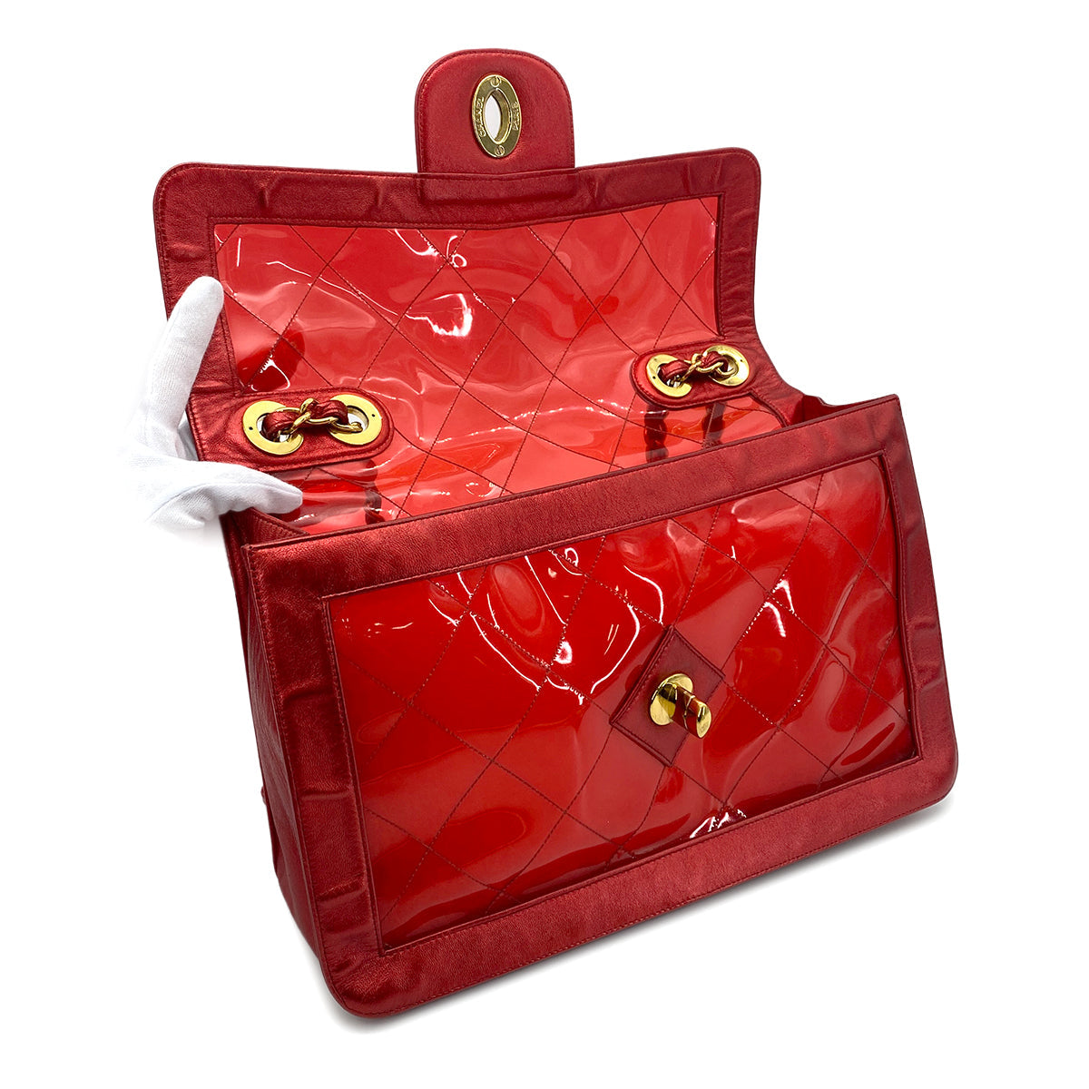 CHANEL VINTAGE BIG COCO CLEAR CHAIN SHOULDER BAG RED VINYL LEATHER 90277070