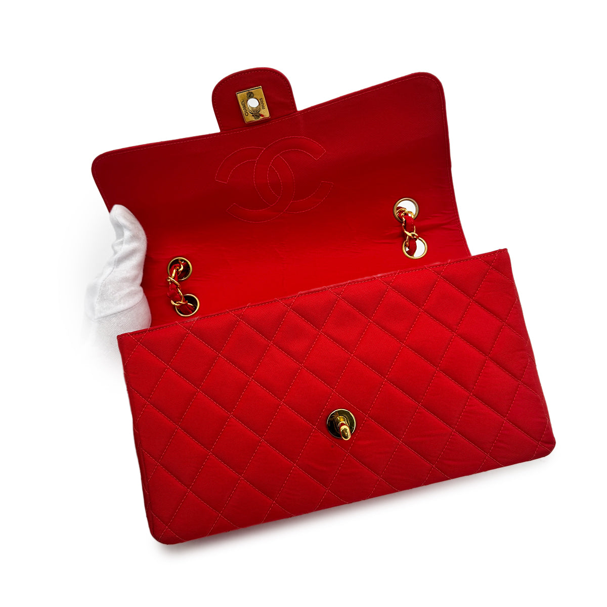 CHANEL VINTAGE MATELASSE CHAIN SHOULDER BAG RED SATIN 90277706