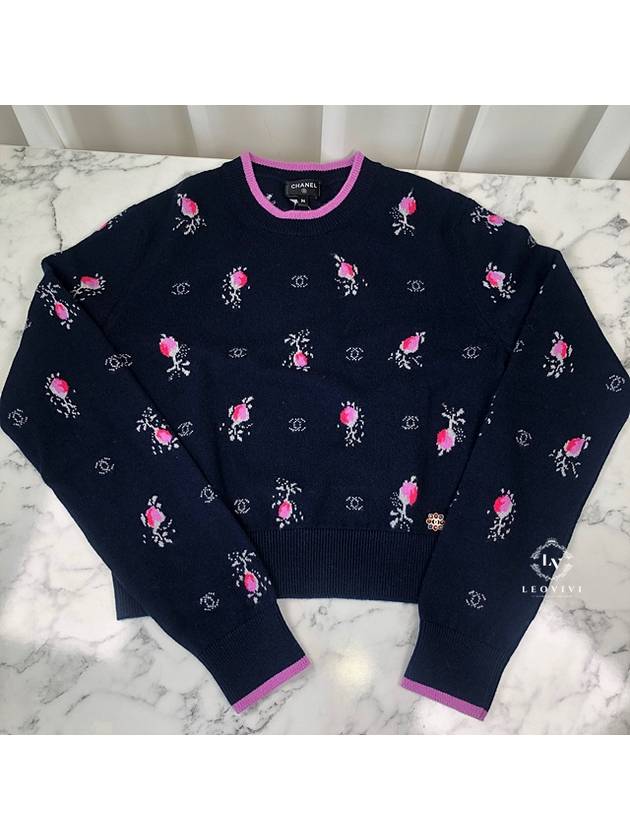 Flower CC Logo Cashmere Knit Top Navy Blue Chanel