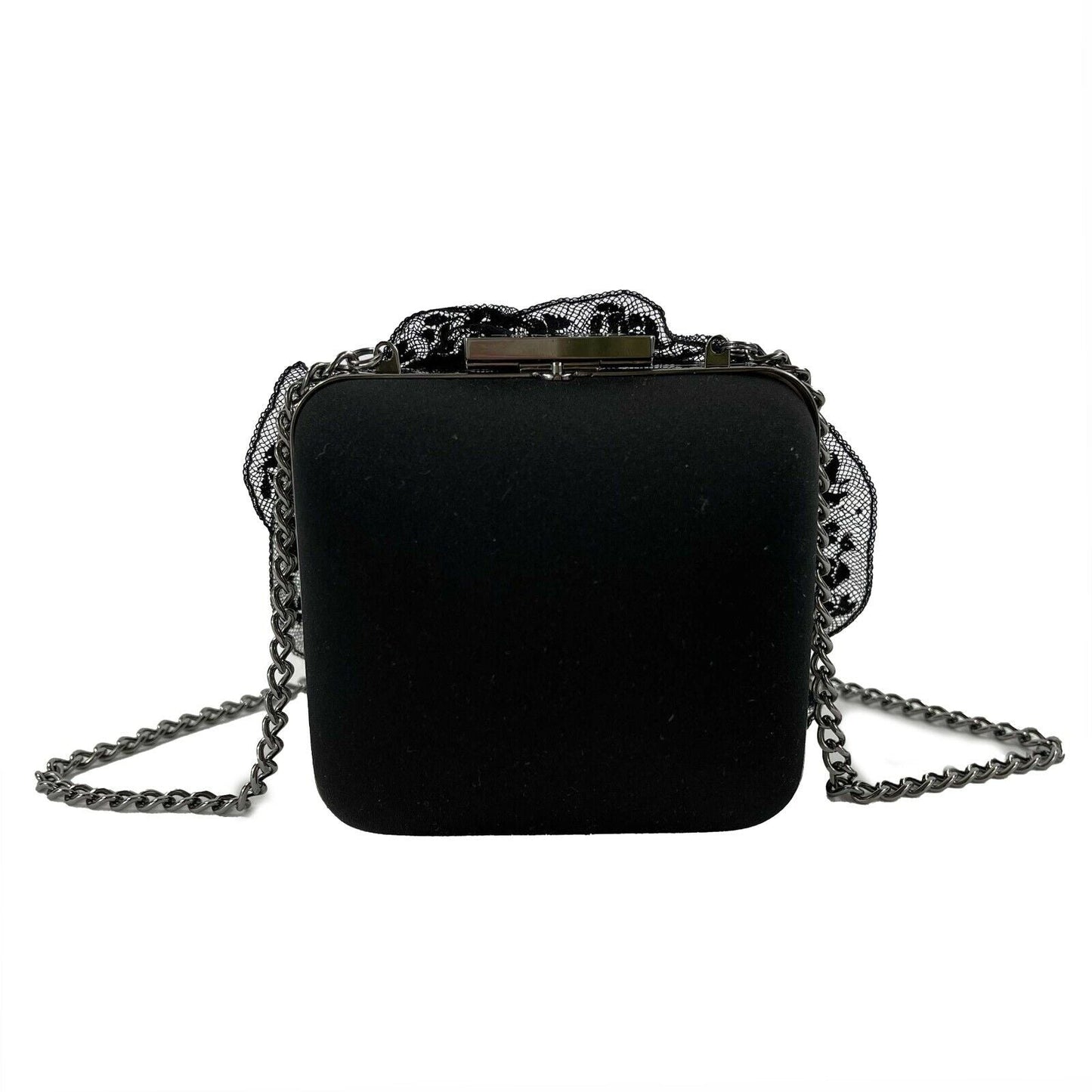 CHANEL- Small Camellia Box Frame Crossbody - Satin / Lace / Gun-metal Tone