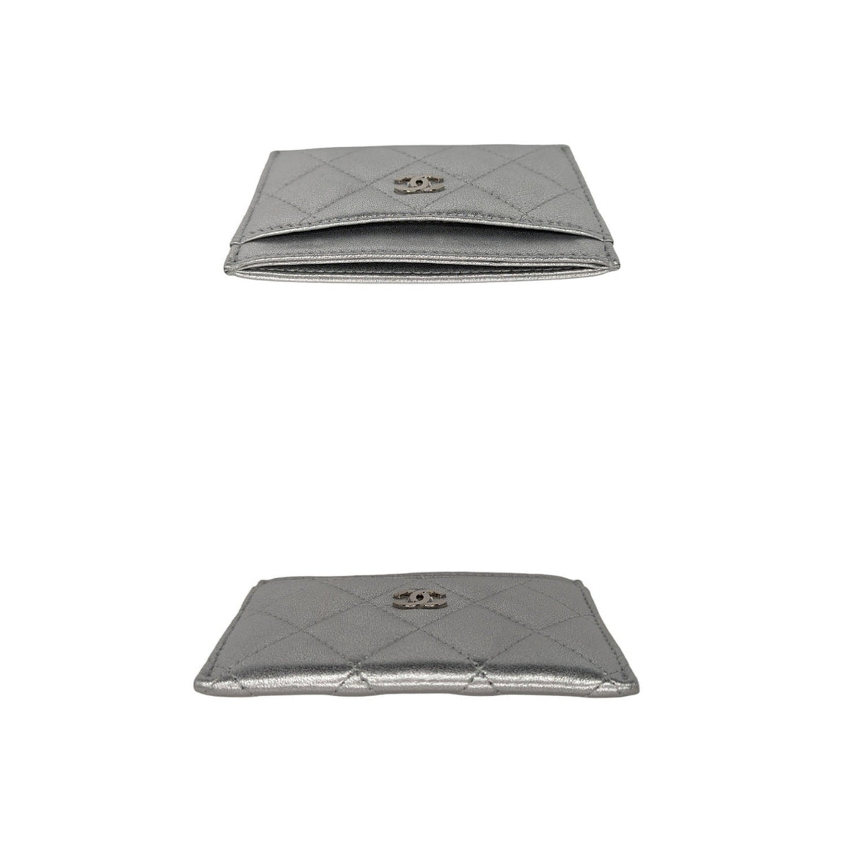 Chanel Metallic Lambskin Quilted CC Card Holder Silver