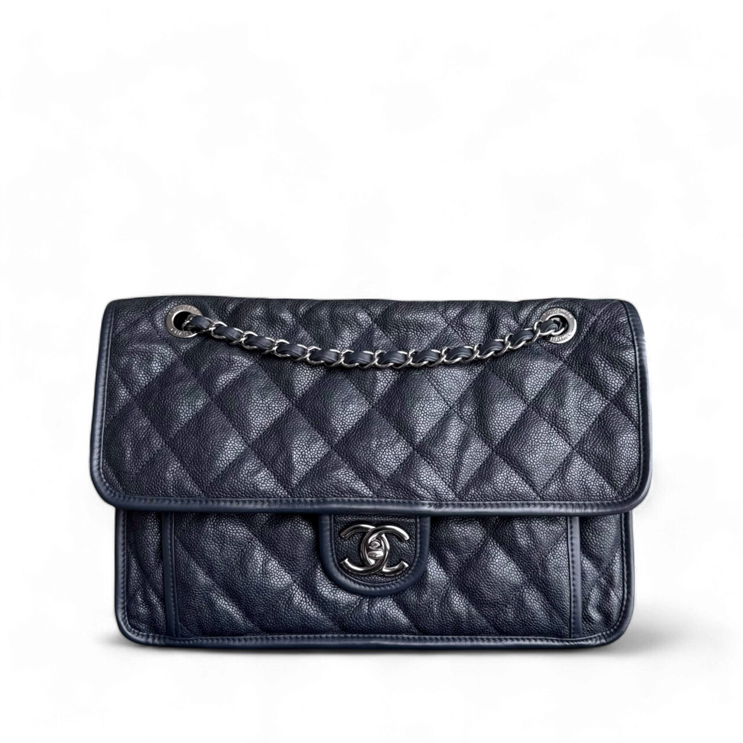 Chanel French Riviera Jumbo - Caviar 30CM Quilted Dark Navy Blue Silver Hardware Series 19