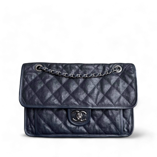Chanel French Riviera Jumbo - Caviar 30CM Quilted Dark Navy Blue Silver Hardware Series 19