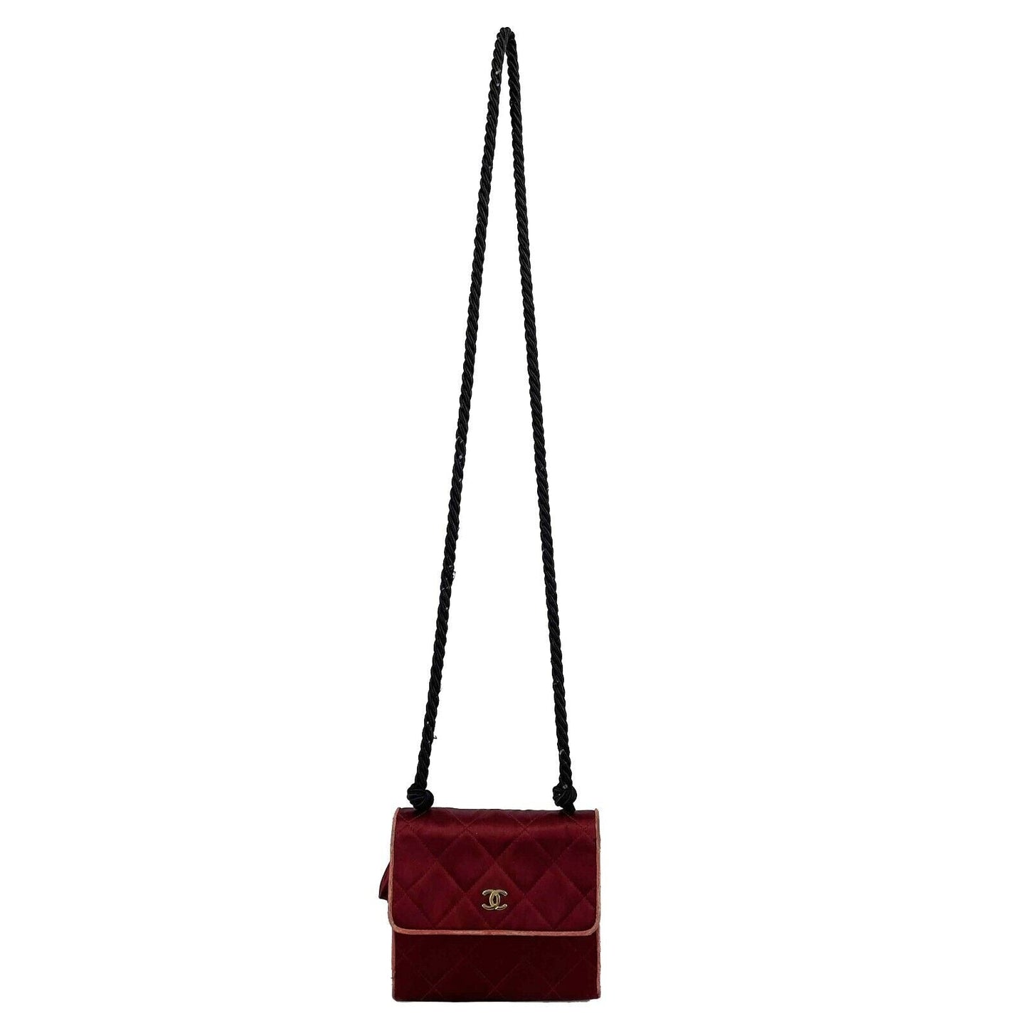 CHANEL - Vintage Mini Satin Quilted Rope Shoulder Crossbody - Burgundy / Black