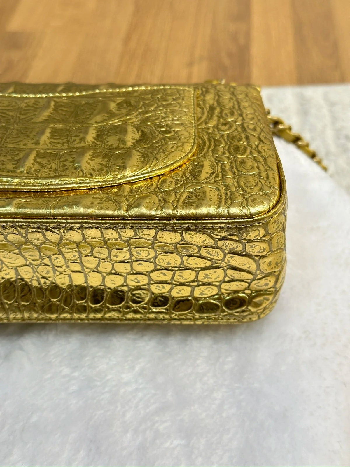 Chanel Medium  Calfskin Crocodile Embossed  Gold Metallic Flap Bag