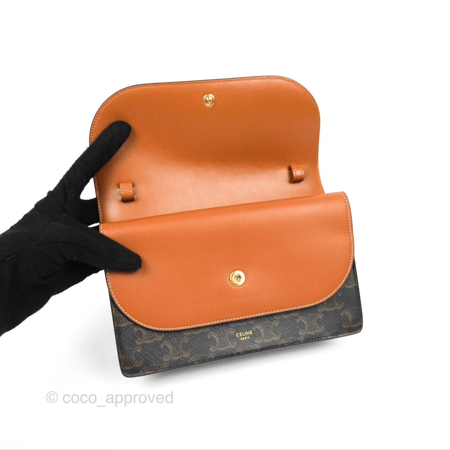 Celine Wallet On Strap Triomphe Canvas Tan Lambskin