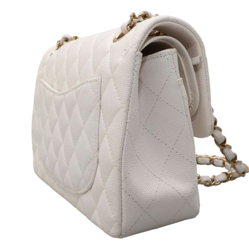 CHANEL Matelasse Double Flap Chain Shoulder Bag White A01113 Caviar Leather Size 23