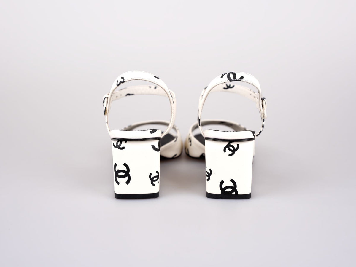 Chanel Printed Lambskin CC Platform Sandals White Black Size 37C