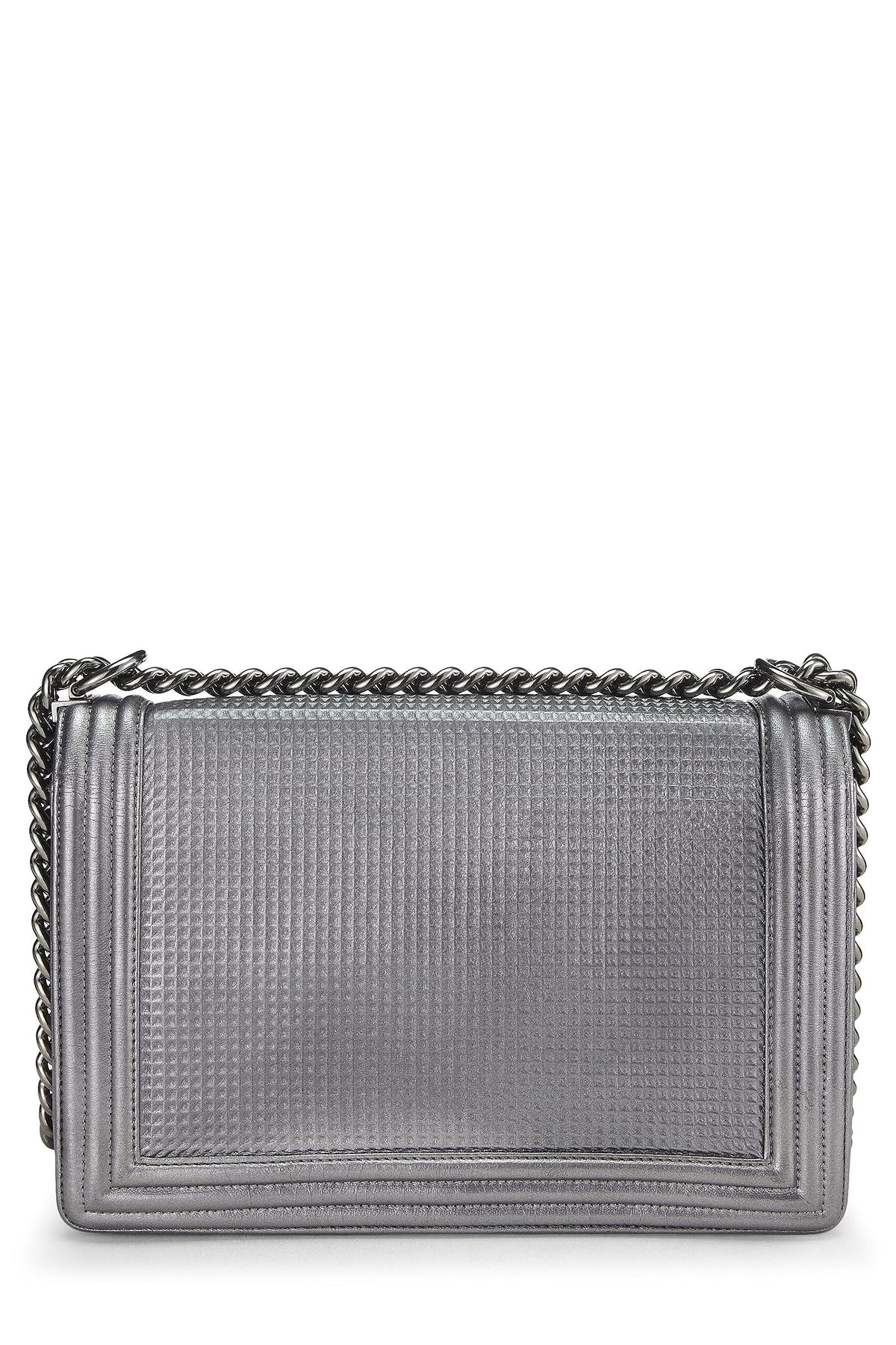 Chanel,  Silver Cube Embossed Calfskin Boy Bag Medium, Silver