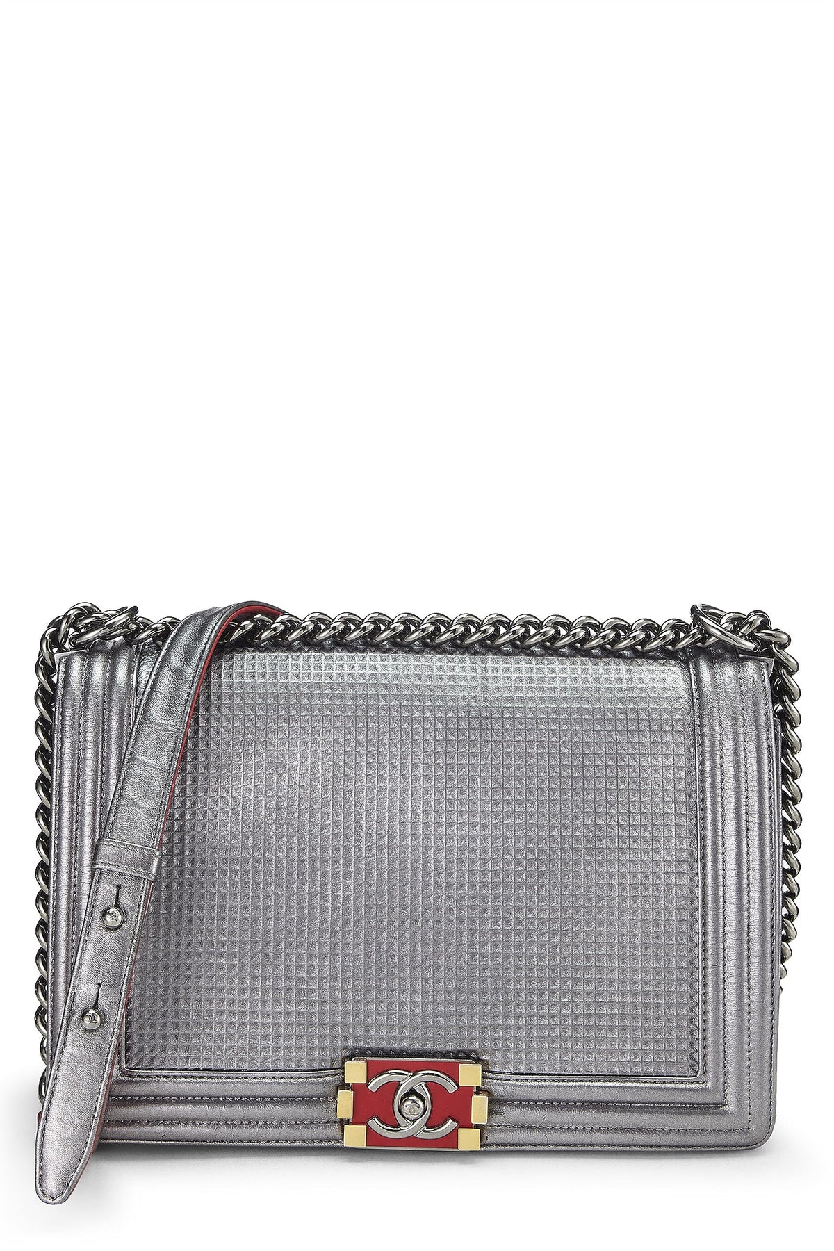 Chanel,  Silver Cube Embossed Calfskin Boy Bag Medium, Silver