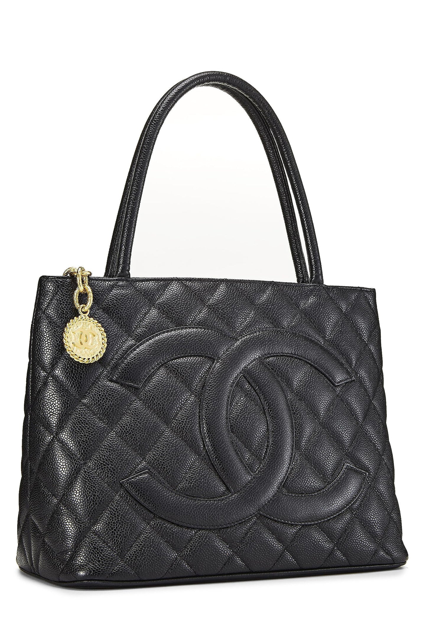 Chanel,  Black Quilted Caviar Medallion Tote, Black
