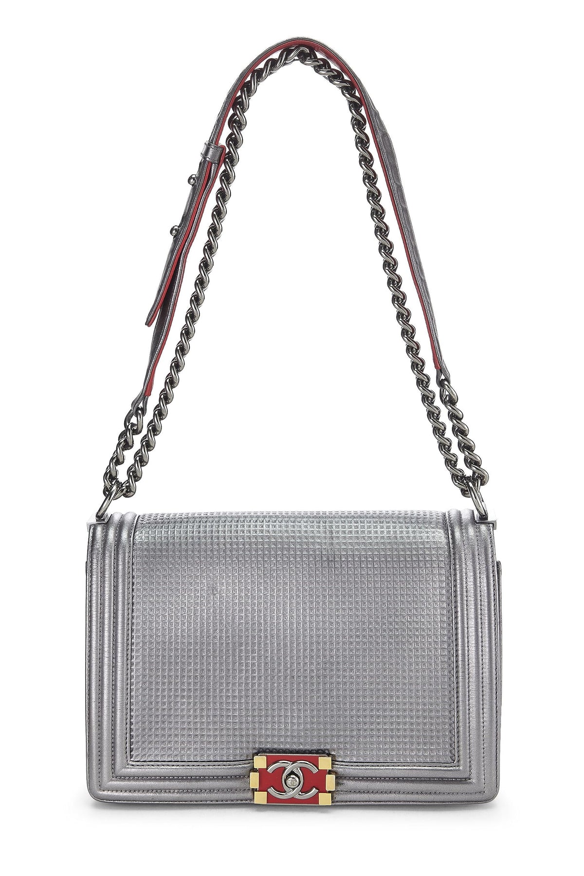 Chanel,  Silver Cube Embossed Calfskin Boy Bag Medium, Silver