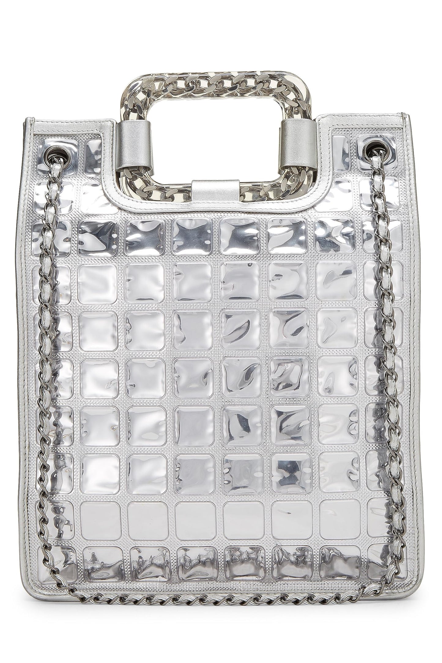 Chanel,  Metallic Silver Quilted Leather Ice Cube Shopping Tote, Silver