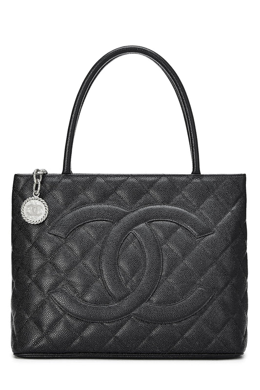 Chanel,  Black Quilted Caviar Medallion Tote, Black