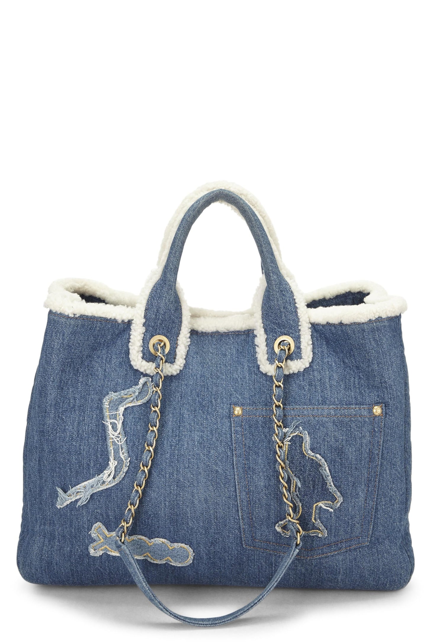 Chanel,  Paris-Egypt Blue Denim & Shearling Hieroglyph Shopping Tote, Blue
