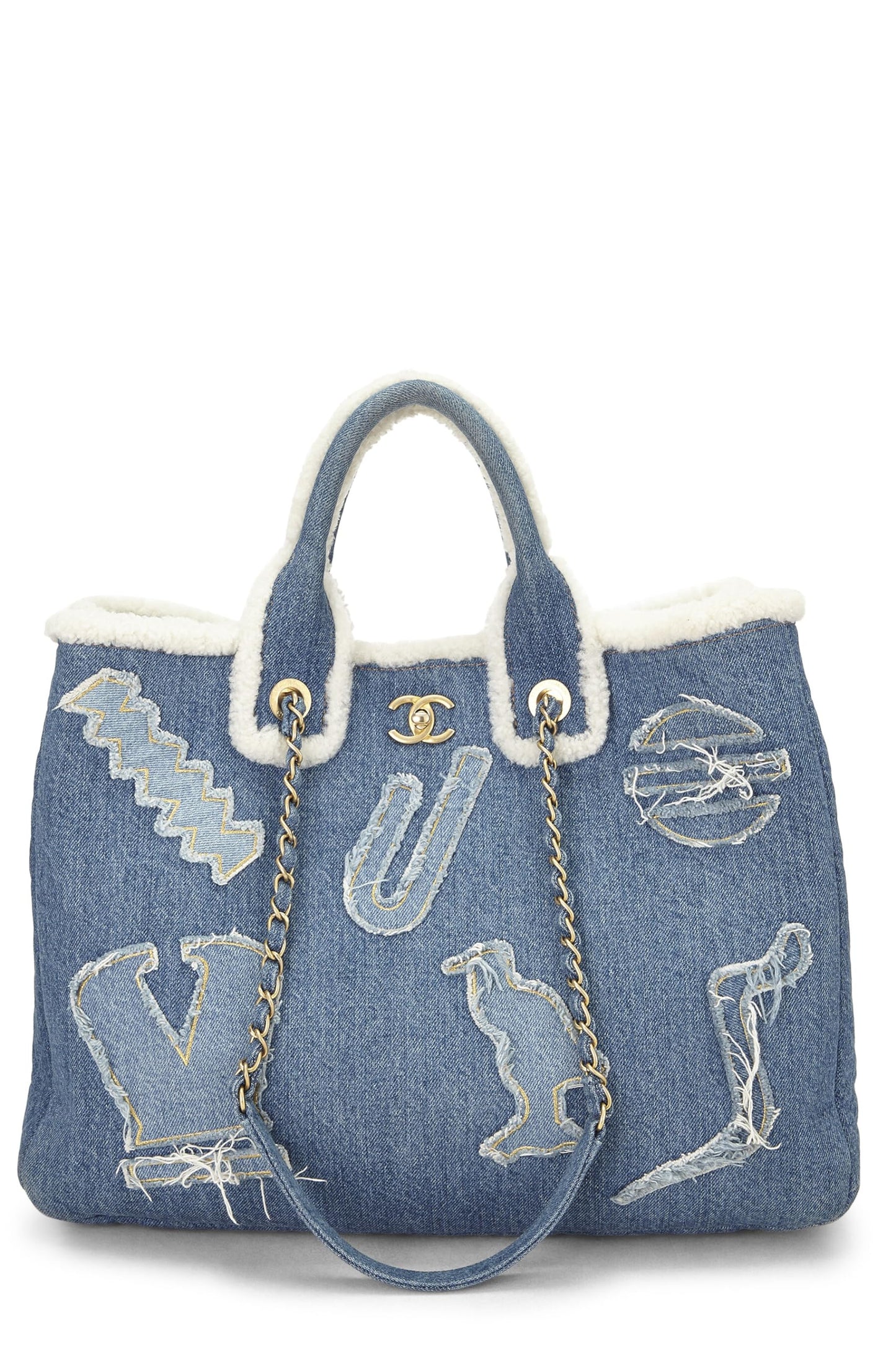 Chanel,  Paris-Egypt Blue Denim & Shearling Hieroglyph Shopping Tote, Blue