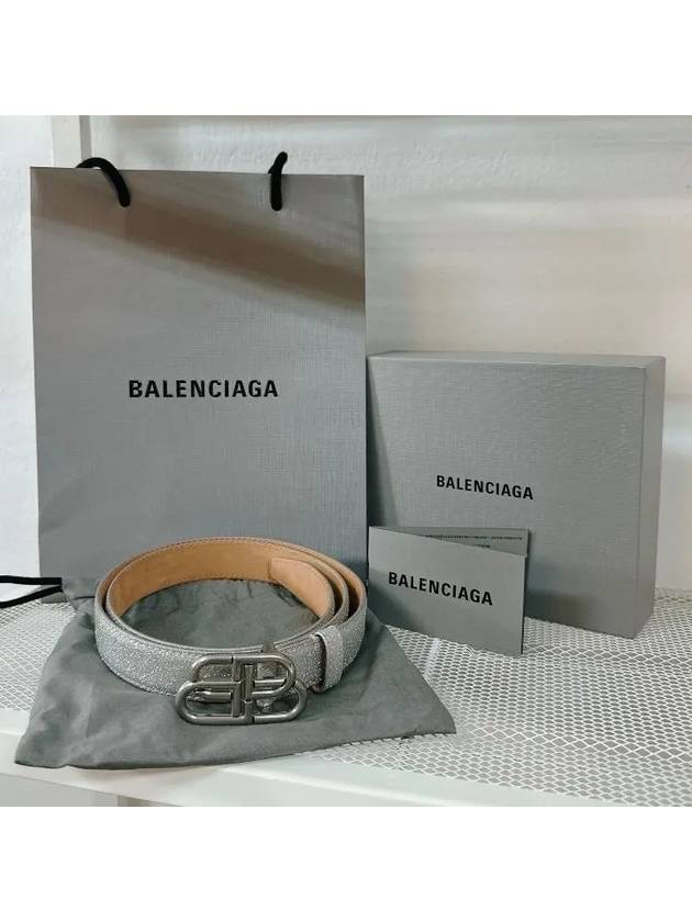Luxury Balenciaga  BB Buckle Glitter Calf Leather Belt Silver