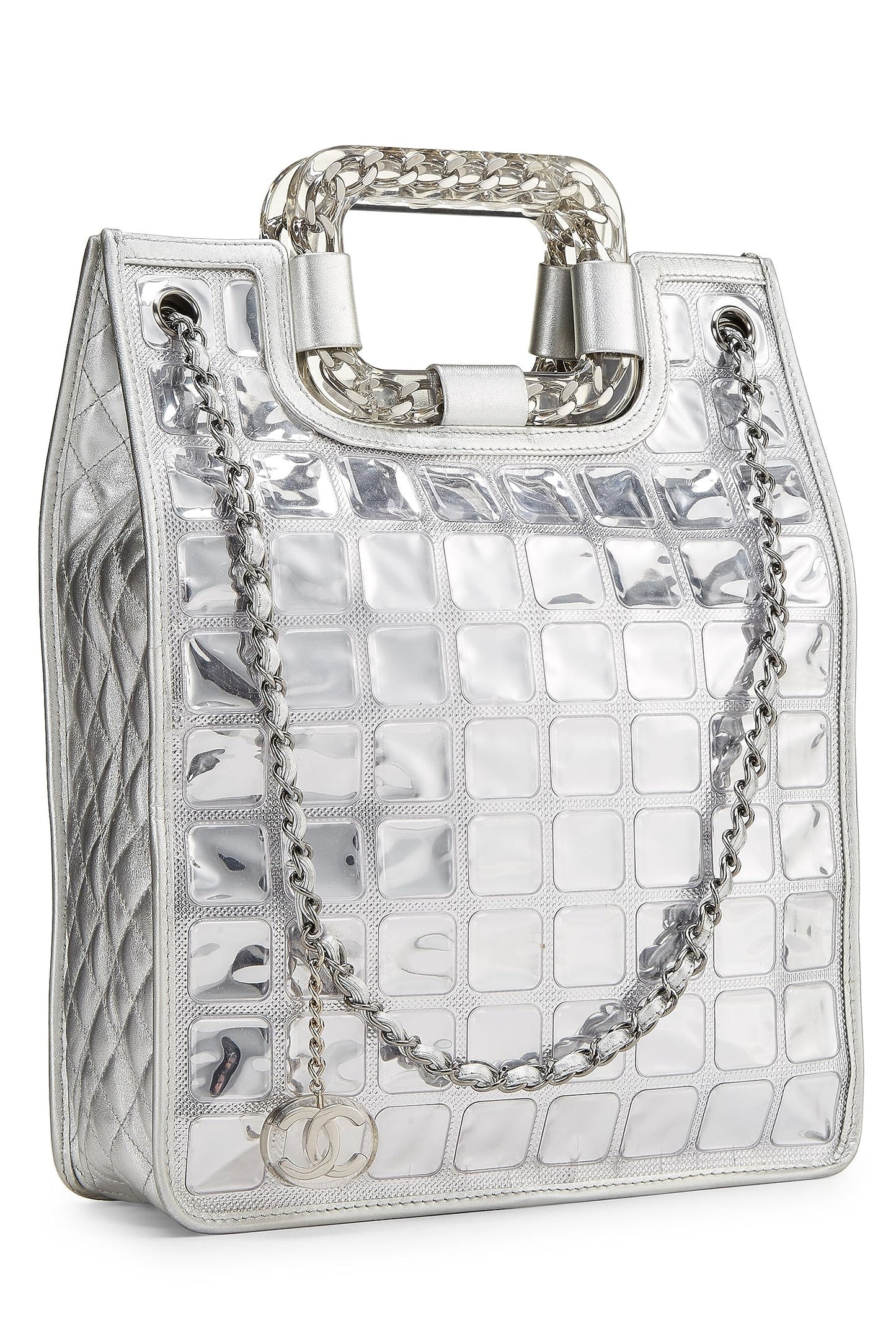 Chanel,  Metallic Silver Quilted Leather Ice Cube Shopping Tote, Silver