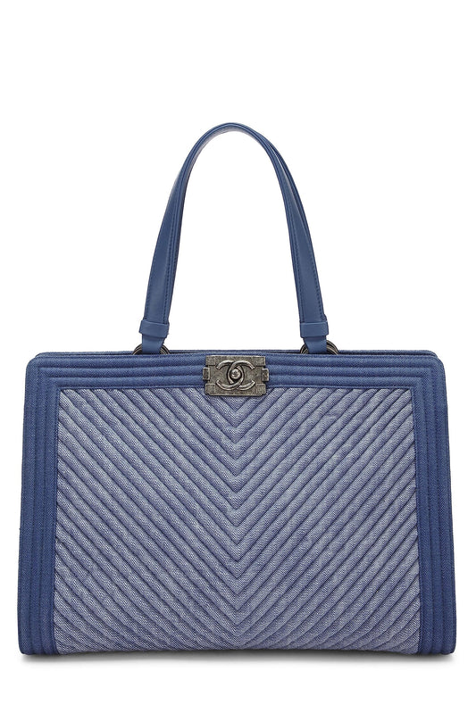Chanel,  Blue Denim Chevron Boy Shopping Tote Large, Blue