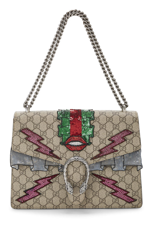 Gucci, Multicolor Embroidered GG Supreme Canvas Dionysus Bag Medium, Brown