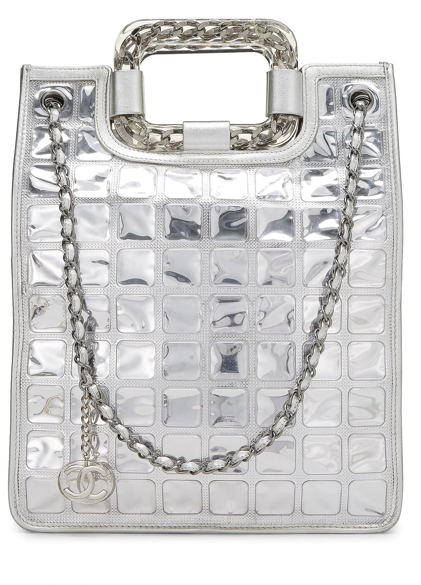 Chanel,  Metallic Silver Quilted Leather Ice Cube Shopping Tote, Silver