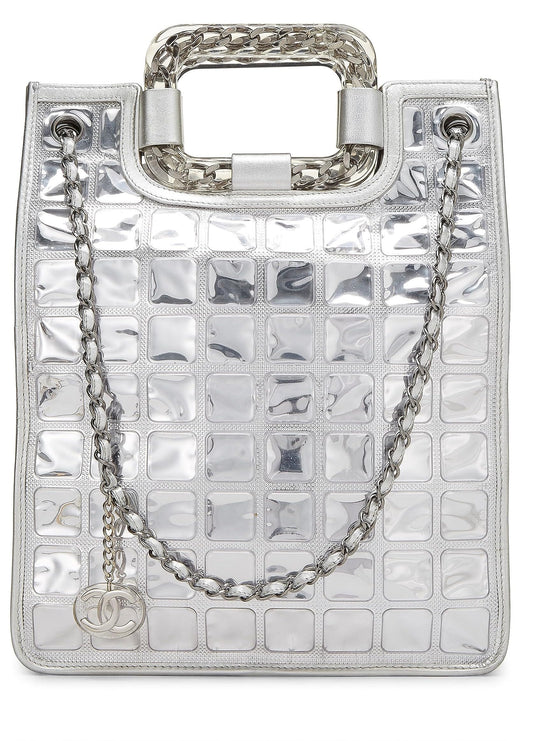 Chanel,  Metallic Silver Quilted Leather Ice Cube Shopping Tote, Silver