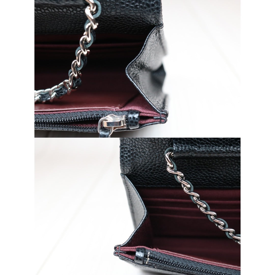 Very Good ( Rank A)｜ CHANEL Matelasse Caviar Skin Chain Wallet Black Silver Hardware Made in 2019 Year ｜S24061102