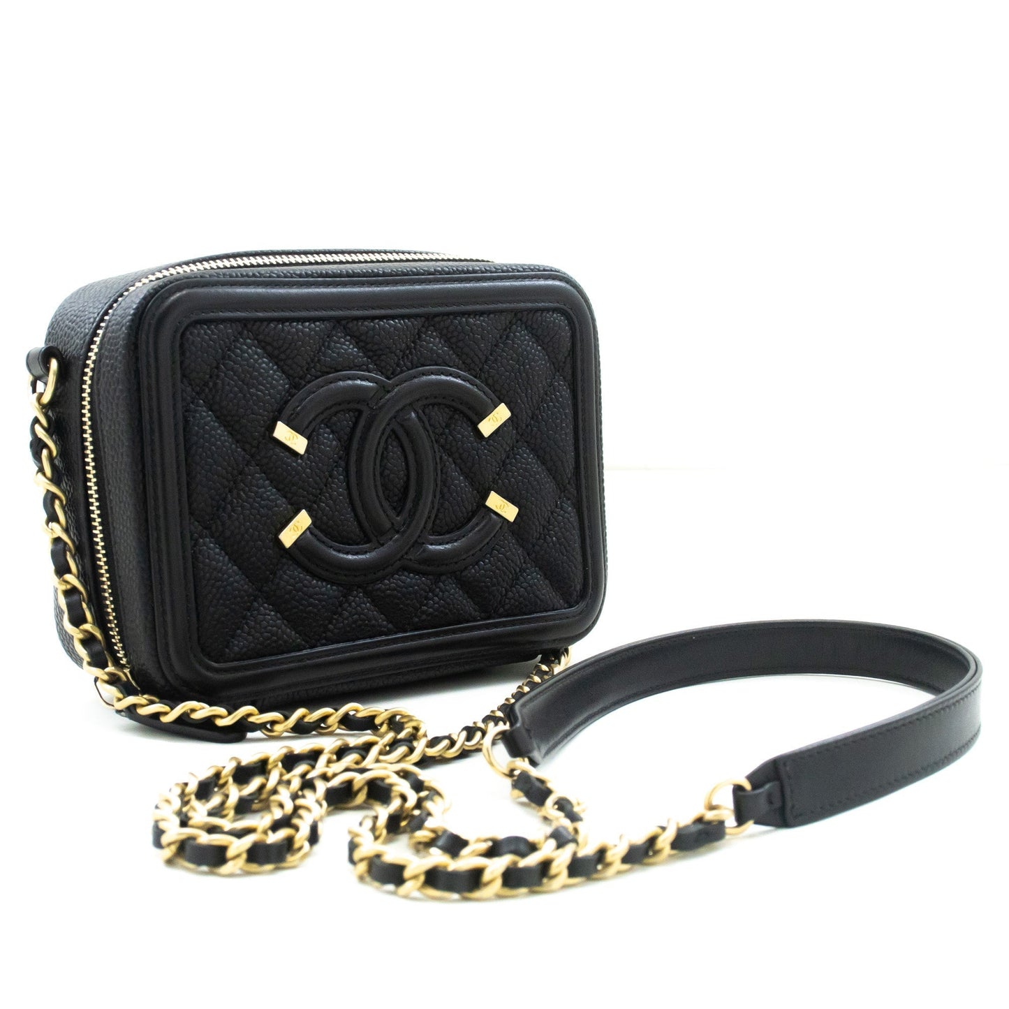 Top Quality Chanel Micro Caviar Grained Calfskin Chain Shoulder Bag Black Zip
