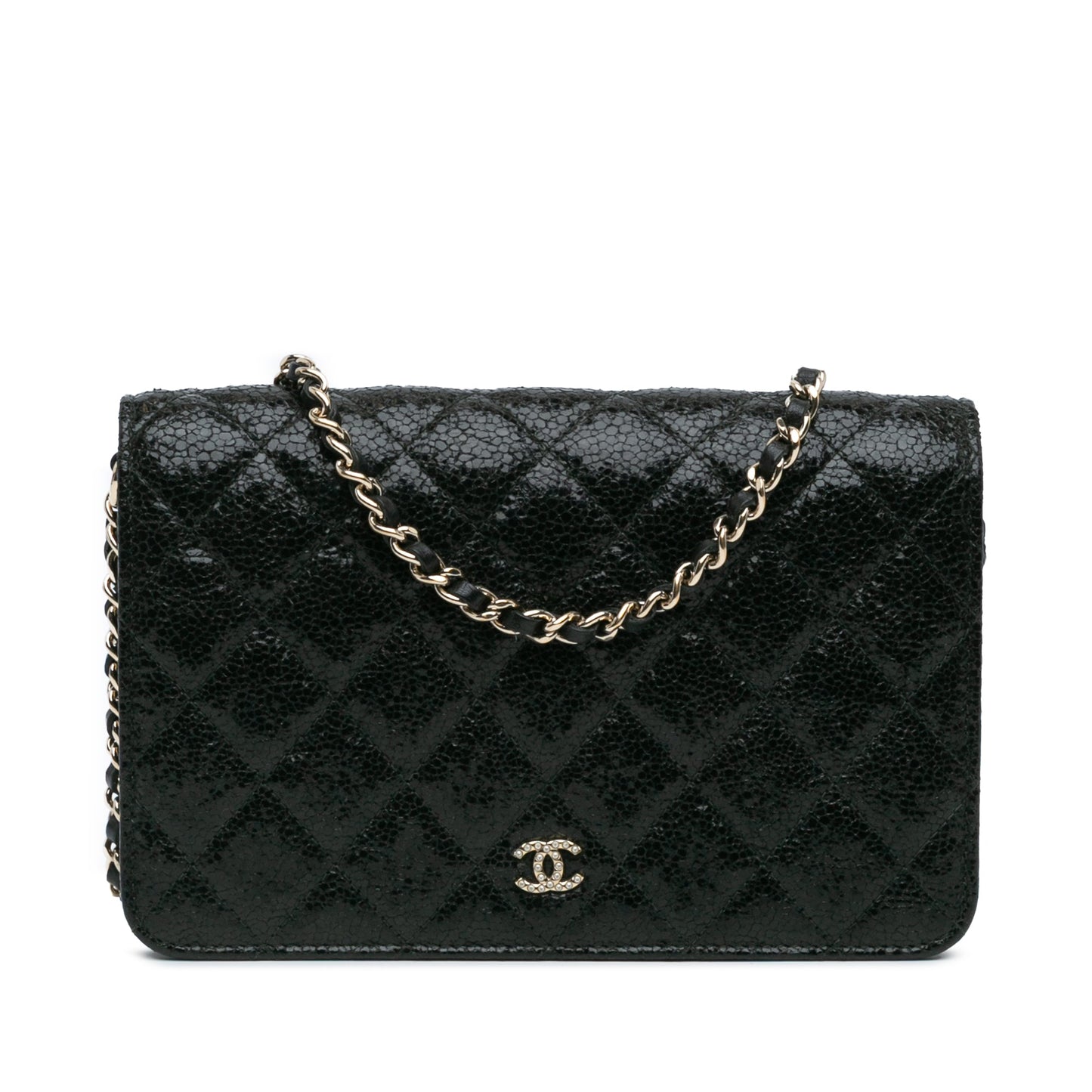 Black Chanel Quilted Crackled Patent Calfskin Pearl Wallet On Chain Crossbody Bag