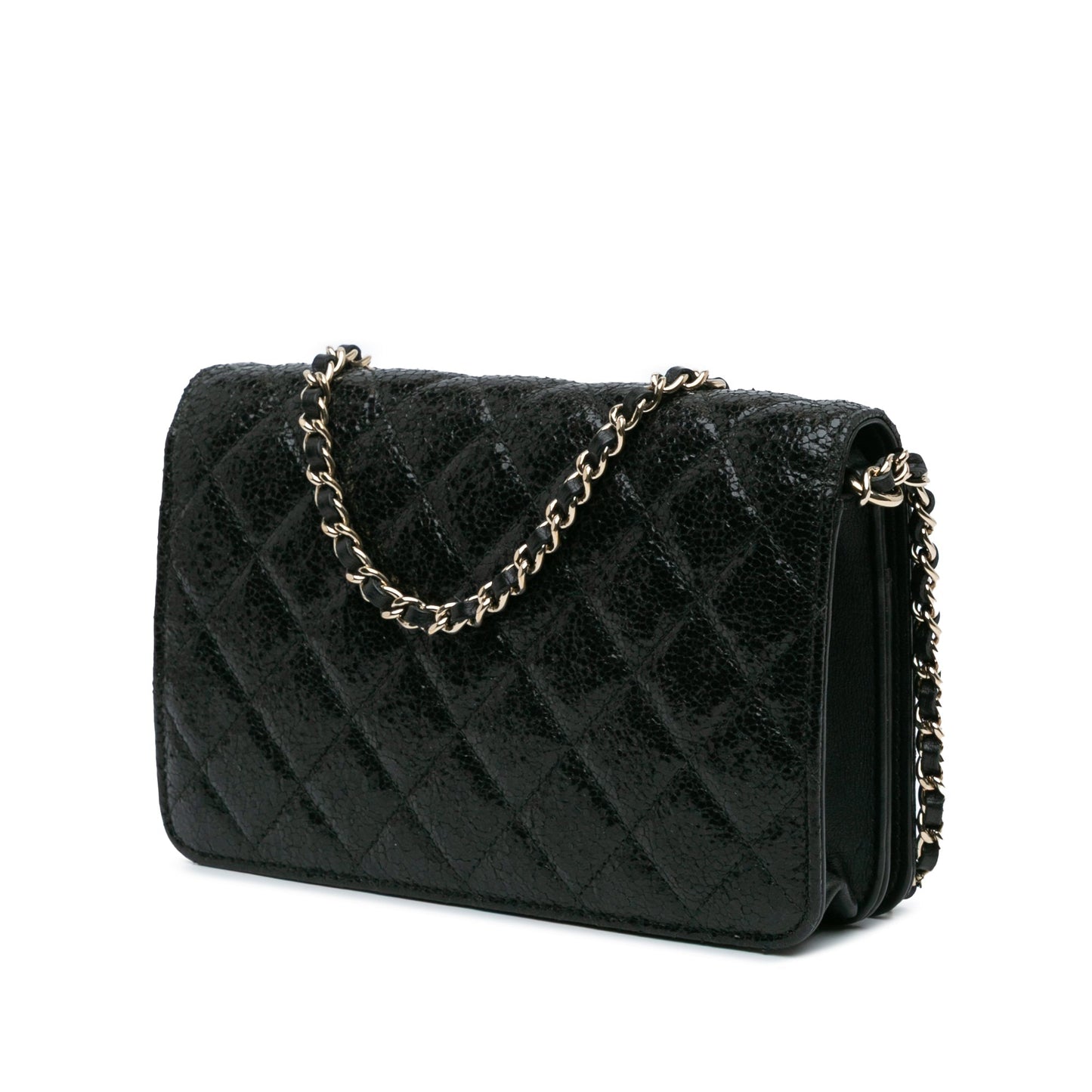 Black Chanel Quilted Crackled Patent Calfskin Pearl Wallet On Chain Crossbody Bag