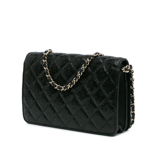 Black Chanel Quilted Crackled Patent Calfskin Pearl Wallet On Chain Crossbody Bag