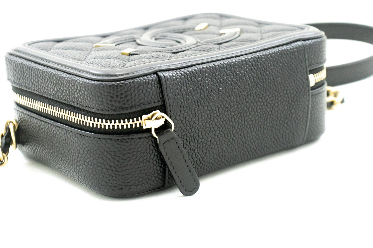 Top Quality Chanel Micro Caviar Grained Calfskin Chain Shoulder Bag Black Zip