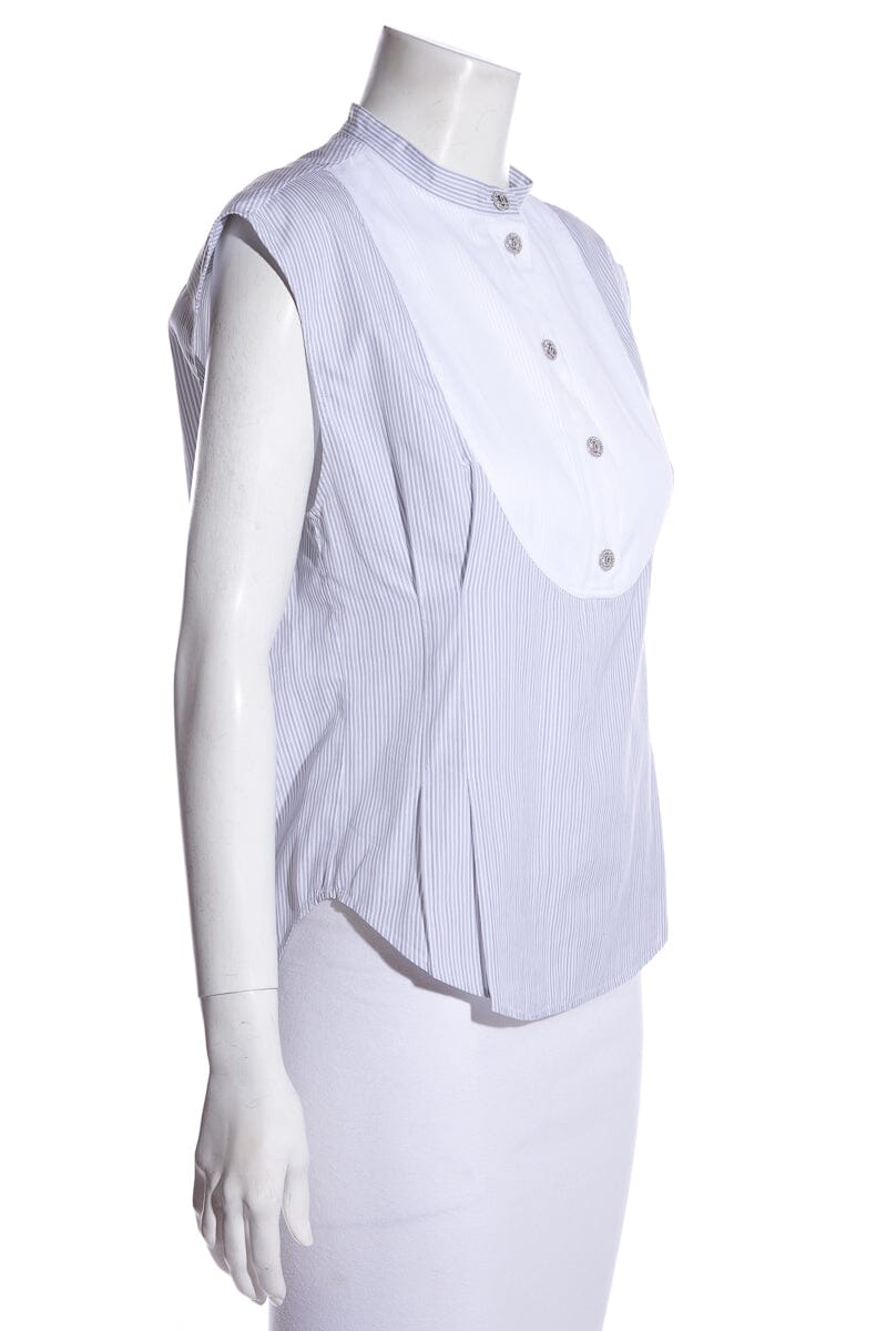 Chanel Gray & White Pinstripe Bib Blouse SZ 38