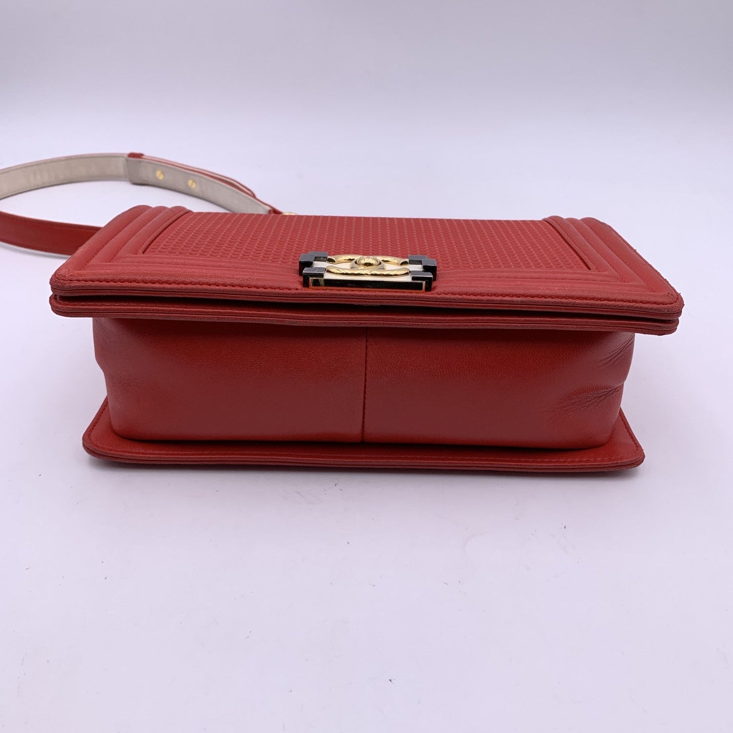 CHANEL Red Cube Embossed Leather Medium Boy Shoulder Bag