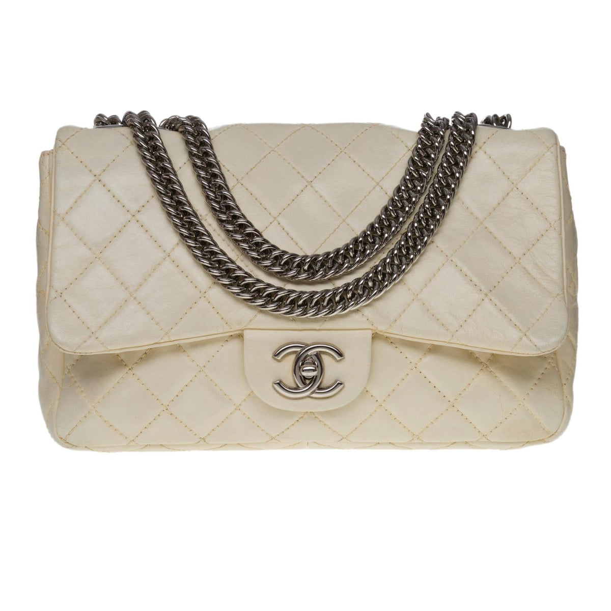 CHANEL Timeless/Classique Jumbo Flap bag handbag in ecru quilted lambskin, SHW